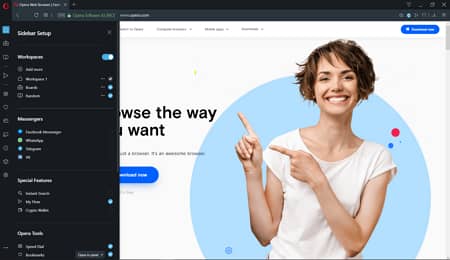 Opera Browser แผงแถบด้านข้าง